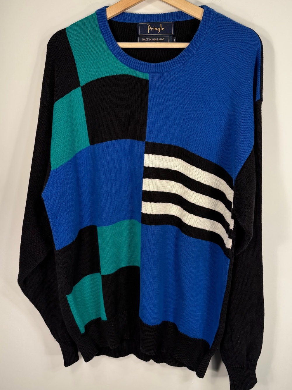 Pringle Men's Colorblock Crewneck Sweater in Blue, Teal & Black